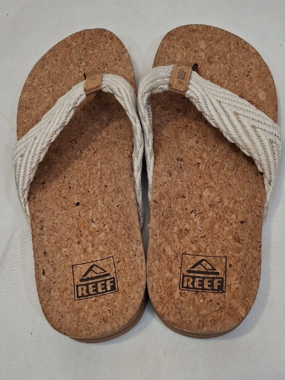 Reef Women's Cream Braided Woven Strap Cork Footbed Thong Sandals